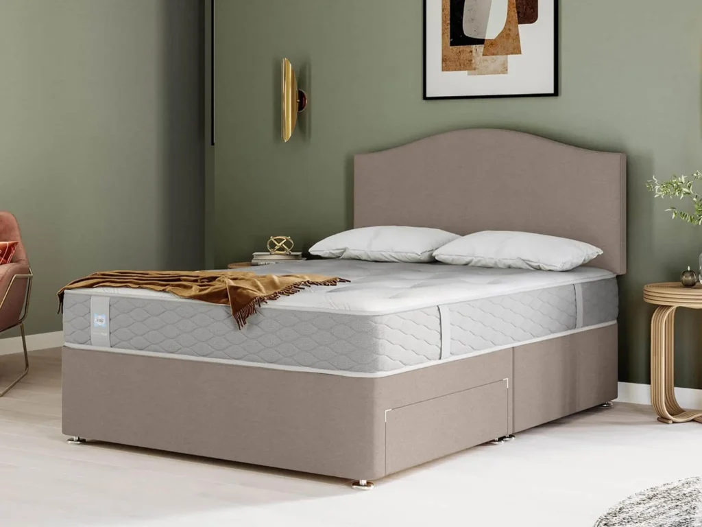 Angled view of Sealy Mellbreak Ortho Plus Mattress on a grey divan base with a stylish bedroom decor