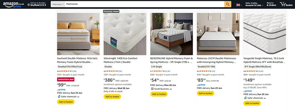 best-place-buy-budget-mattress-amazon Screenshot of Amazon UK search results for "Mattresses" displaying various budget-friendly options