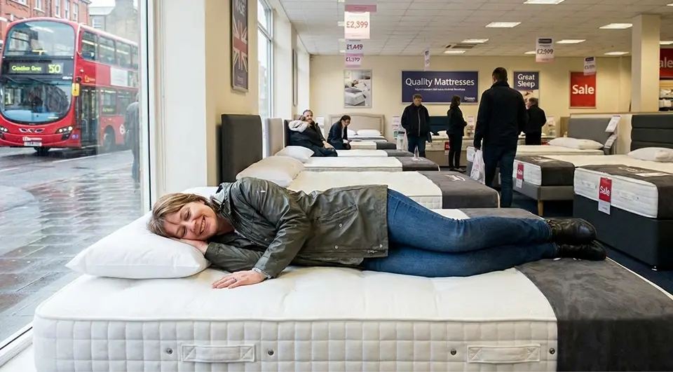 Image of a woman testing a mattress in a UK store