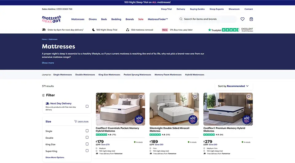 best-place-buy-budget-mattress-mattressnextday A product category page on Mattress Next Day showing affordable mattresses from brands like Coolflex and Silentnight
