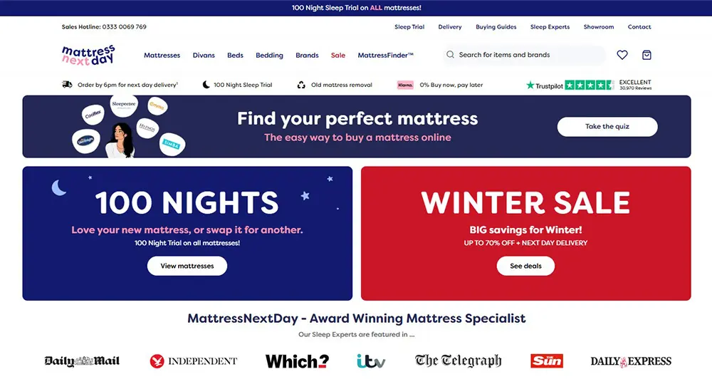 mattressnextday-review MattressNextDay website homepage promoting their sleep trial and winter sale