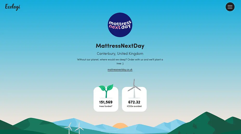 mattressnextday-sustainability Screenshot of MattressNextDay's Ecologi profile showing they have planted over 150,000 trees