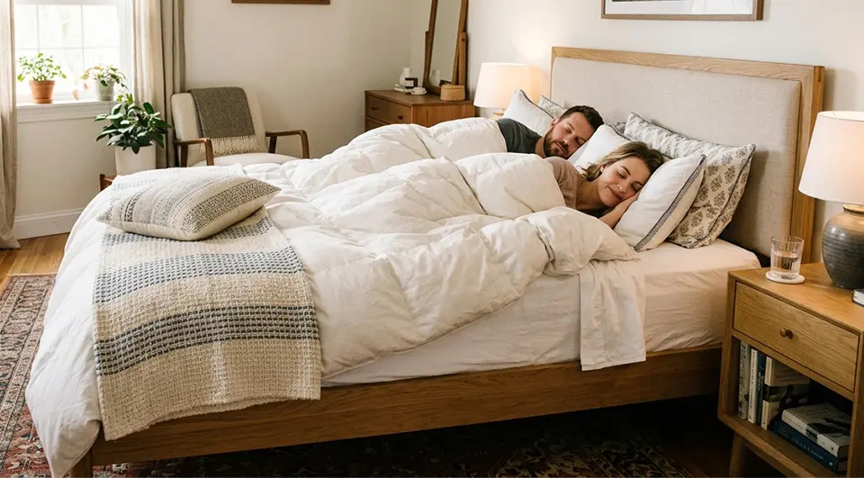 A happy couple sleeping comfortably in a wooden bed frame with plush white bedding and a neutral headboard, showcasing a cosy guest bedroom atmosphere with warm bedside lighting.