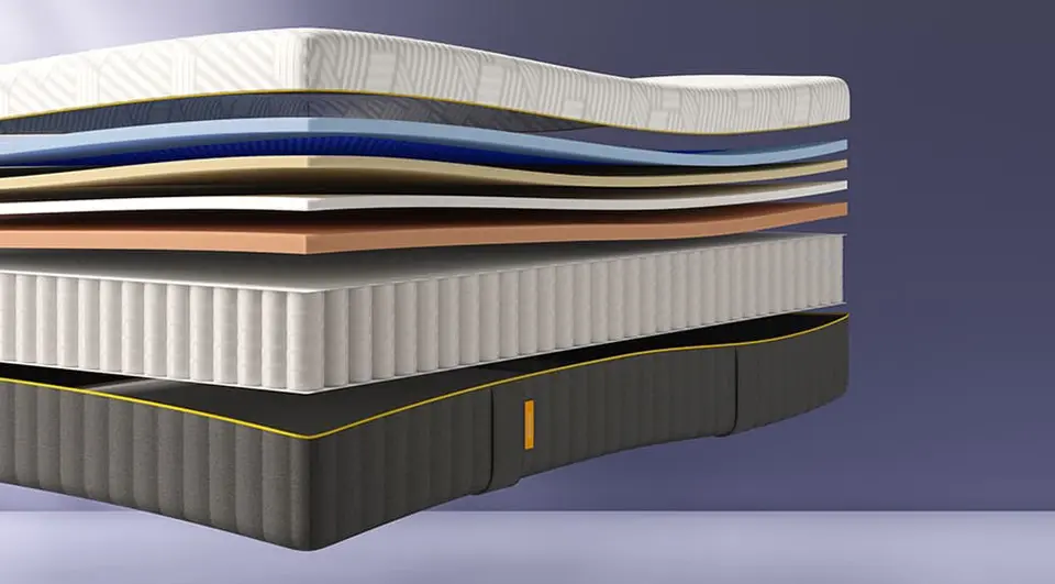 A detailed cross-section of the Emma Original Elite mattress showing a premium 8-layer hybrid construction, including multiple layers of advanced foam and a thick base of tall pocket springs for maximum support.
